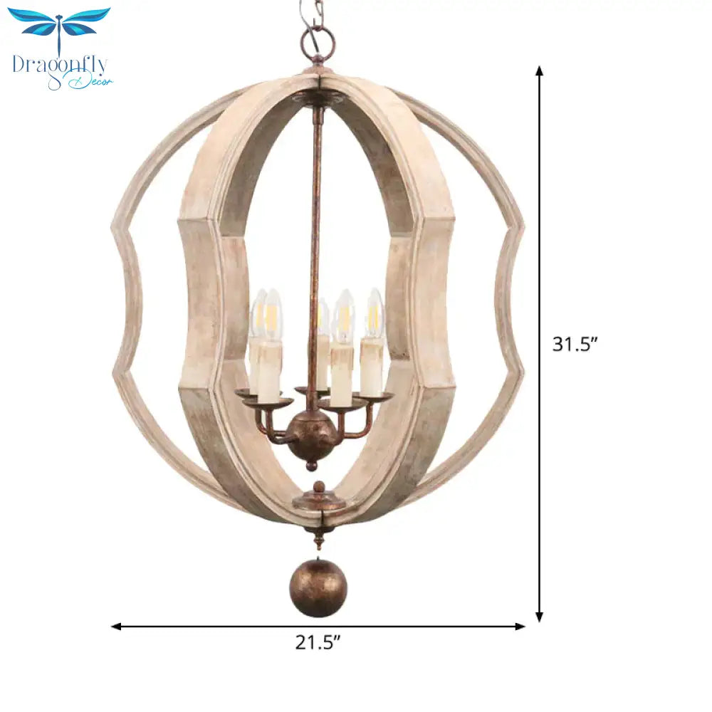 Distressed White Globe Chandelier Lighting Modern Wood 5 Bulbs Pendant Light Fixture With