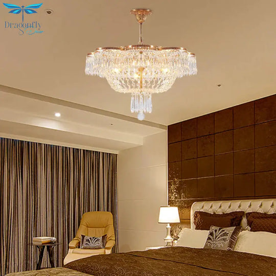 Dome Bedroom Hanging Chandelier Simple Crystal Strand 4 Heads Gold Suspension Light Fixture