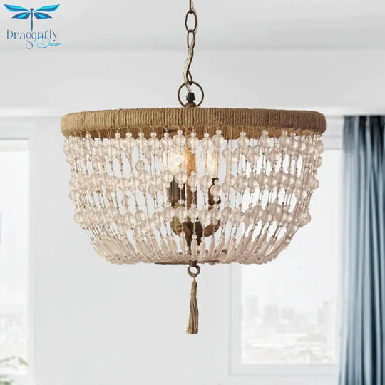 Dome Chandelier Light Rustic Crystal 3 Heads Clear Hanging Lamp With Rope Ring For Bedroom