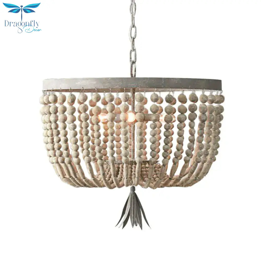 Dome Chandelier Lighting Retro Wood White 3 Bulbs Hanging Ceiling Light With Adjustable Chain