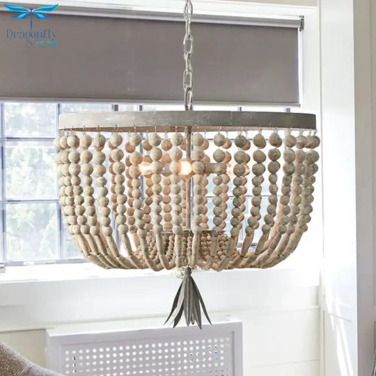Dome Chandelier Lighting Retro Wood White 3 Bulbs Hanging Ceiling Light With Adjustable Chain