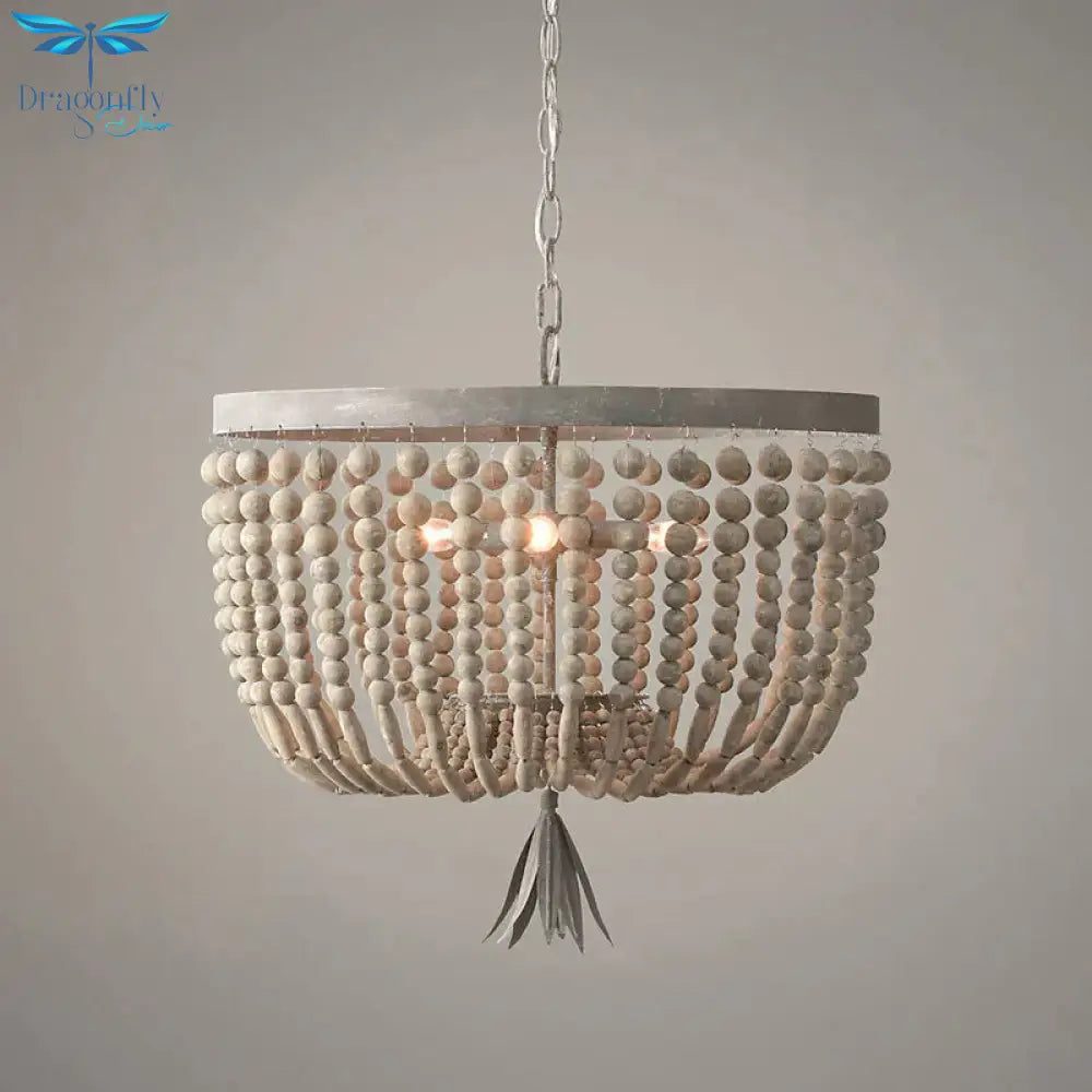 Dome Chandelier Lighting Retro Wood White 3 Bulbs Hanging Ceiling Light With Adjustable Chain