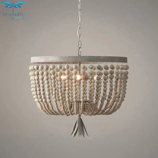 Dome Chandelier Lighting Retro Wood White 3 Bulbs Hanging Ceiling Light With Adjustable Chain