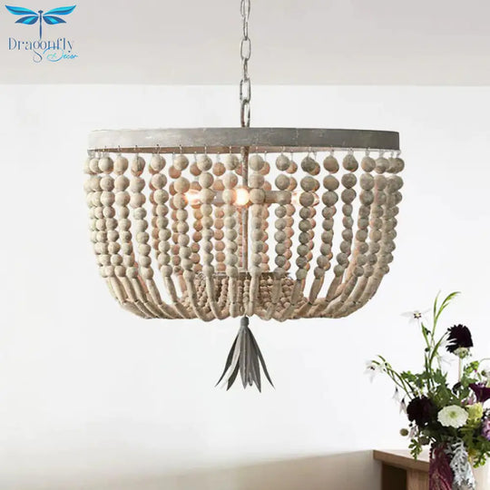 Dome Chandelier Lighting Retro Wood White 3 Bulbs Hanging Ceiling Light With Adjustable Chain