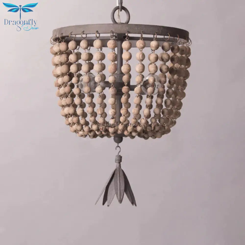 Dome Chandelier Lighting Retro Wood White 3 Bulbs Hanging Ceiling Light With Adjustable Chain