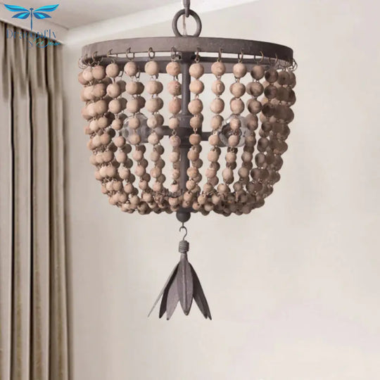 Dome Chandelier Lighting Retro Wood White 3 Bulbs Hanging Ceiling Light With Adjustable Chain