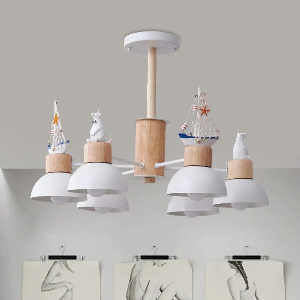 Dome Metallic Chandelier Lighting Cartoon 6 Bulbs Black/White Hanging Ceiling Light With Bear And