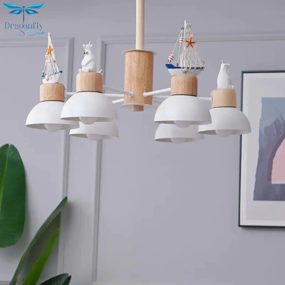 Dome Metallic Chandelier Lighting Cartoon 6 Bulbs Black/White Hanging Ceiling Light With Bear And