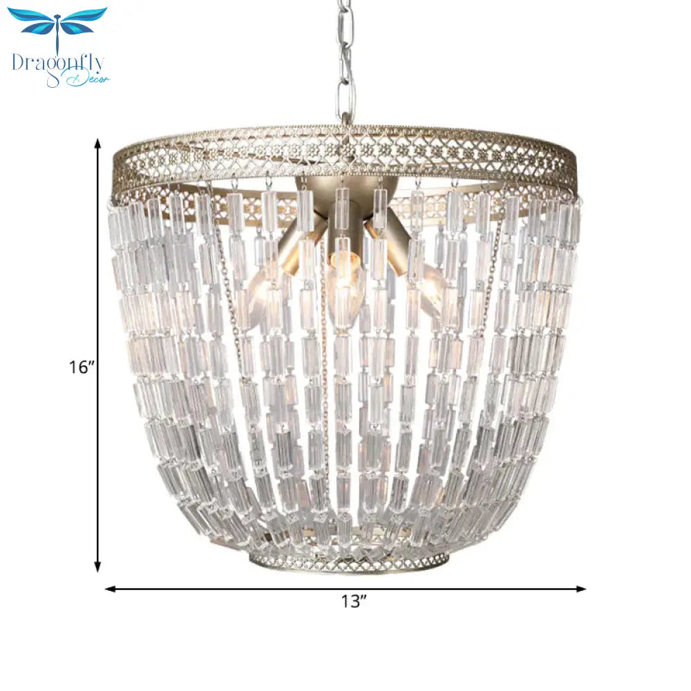 Dome Pendant Chandelier Traditional Crystal 3 Bulbs Aged Silver Hanging Ceiling Light