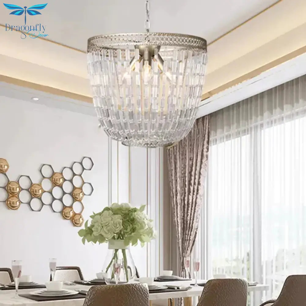 Dome Pendant Chandelier Traditional Crystal 3 Bulbs Aged Silver Hanging Ceiling Light