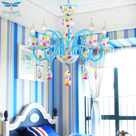 Dot Candle Boys Room Chandelier With Crystal Metal Multi - Head Cute Pendant Light In Blue