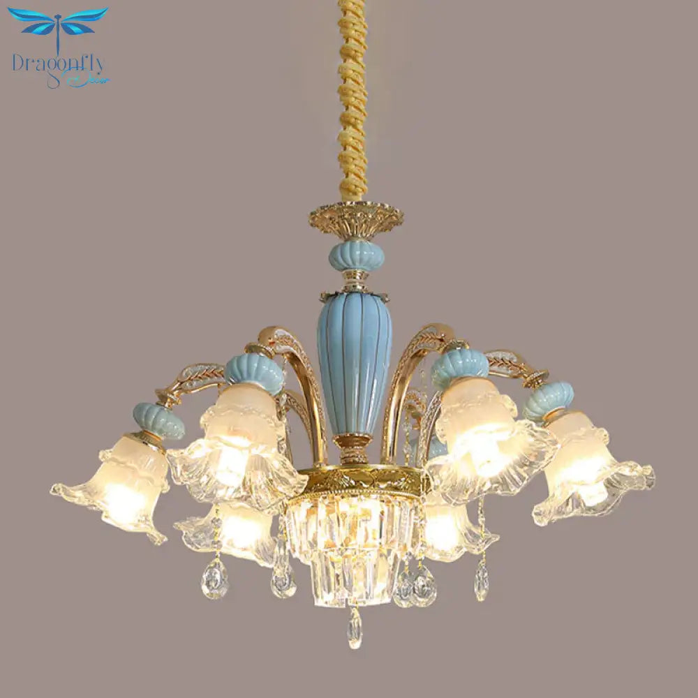Drooping Flower Frosted Glass Drop Lamp Rustic 6 Heads Bedroom Ceiling Chandelier In Blue