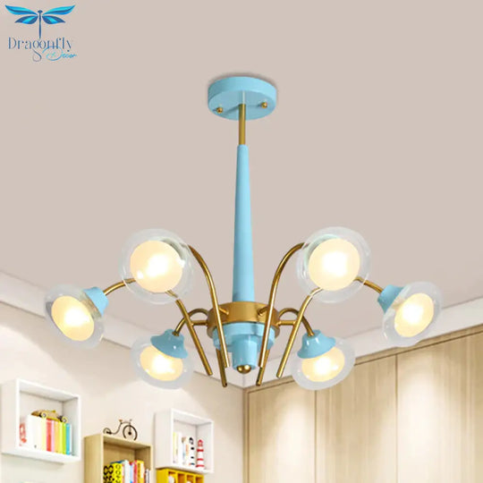 Drooping Hanging Chandelier Macaron Metal 6 Bulbs Kids Bedroom Ceiling Pendant In Pink/Blue With