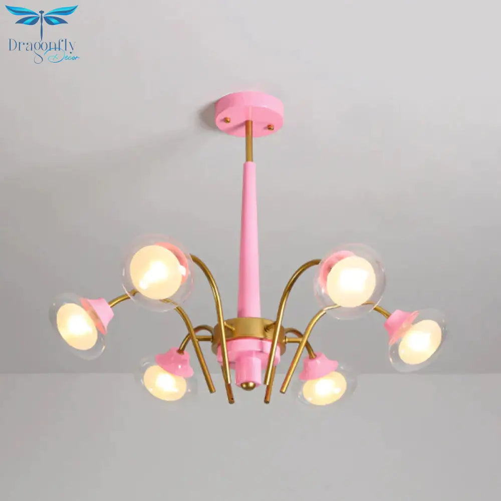 Drooping Hanging Chandelier Macaron Metal 6 Bulbs Kids Bedroom Ceiling Pendant In Pink/Blue With