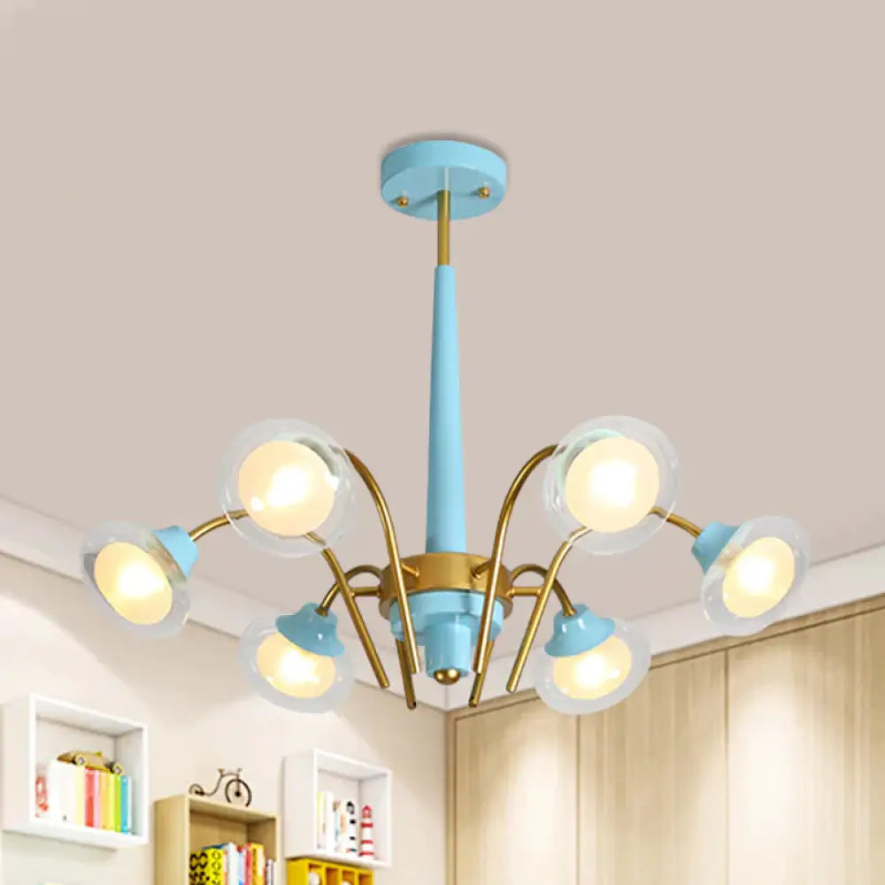 Drooping Hanging Chandelier Macaron Metal 6 Bulbs Kids Bedroom Ceiling Pendant In Pink/Blue With