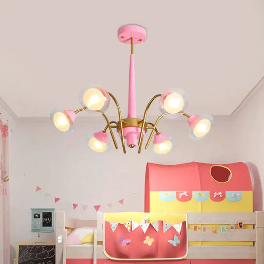 Drooping Hanging Chandelier Macaron Metal 6 Bulbs Kids Bedroom Ceiling Pendant In Pink/Blue With