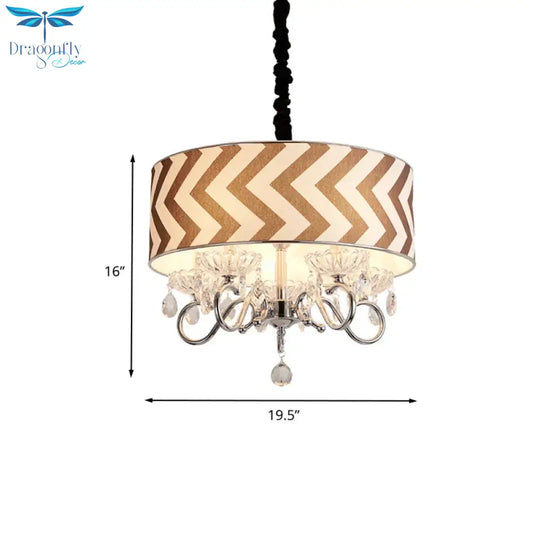 Drum Beige Fabric Chandelier Lamp Traditional 5 Heads Bedroom Hanging Light Fixture With Crystal