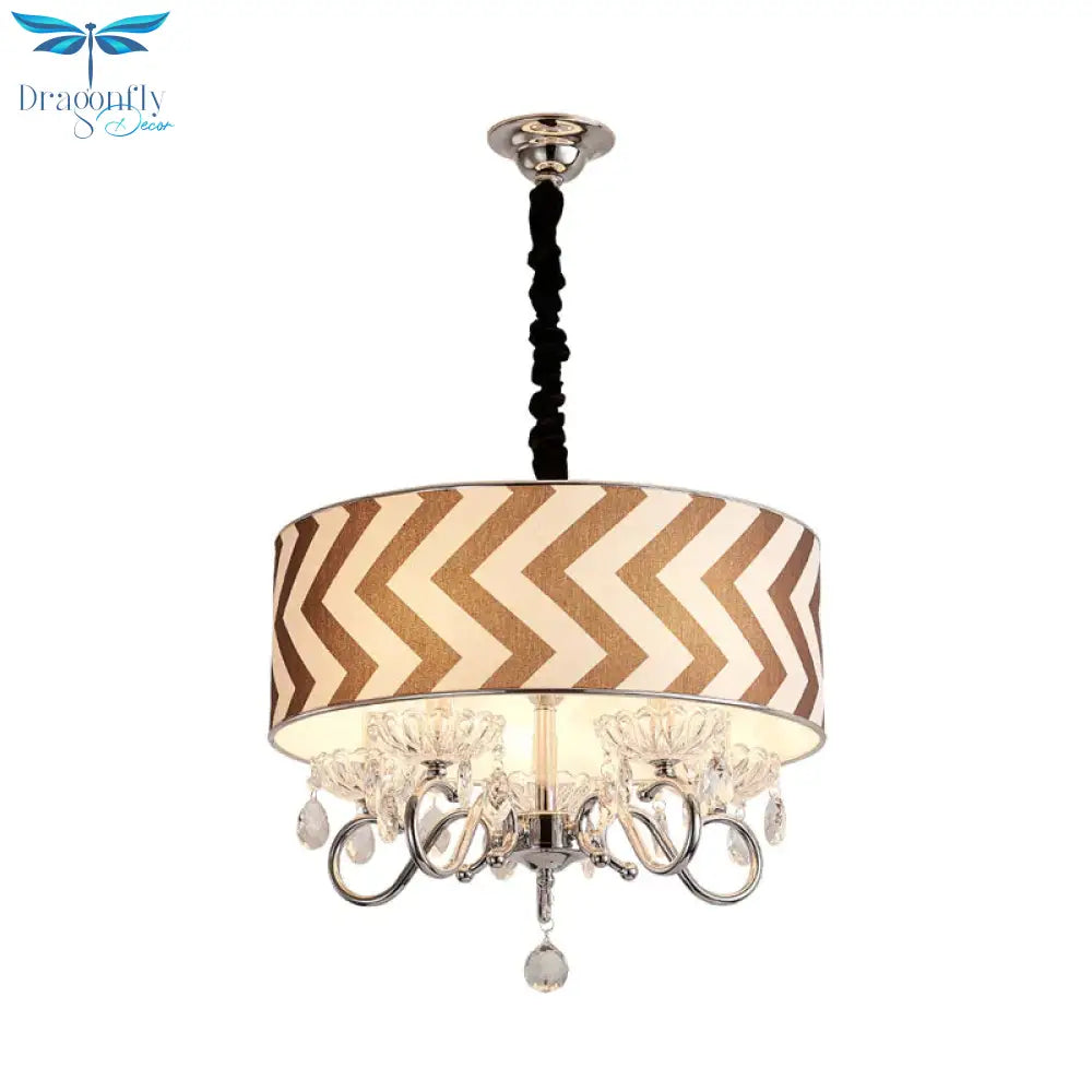 Drum Beige Fabric Chandelier Lamp Traditional 5 Heads Bedroom Hanging Light Fixture With Crystal