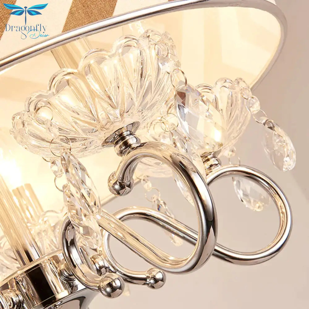 Drum Beige Fabric Chandelier Lamp Traditional 5 Heads Bedroom Hanging Light Fixture With Crystal