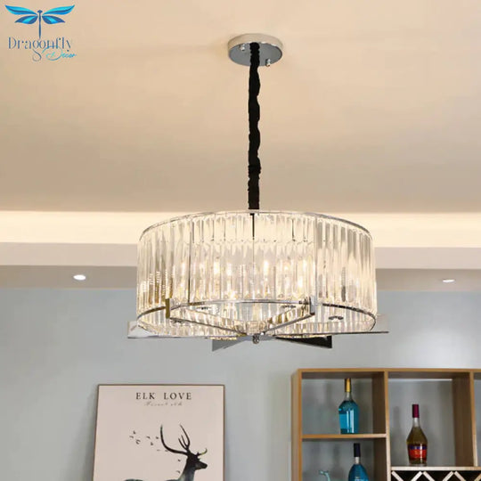 Drum Clear Crystal Block Hanging Lamp Traditional 5/6 Heads Dining Room Chandelier Lighting Fixture
