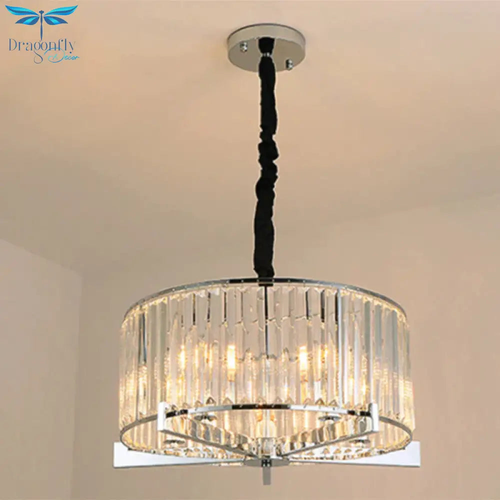 Drum Clear Crystal Block Hanging Lamp Traditional 5/6 Heads Dining Room Chandelier Lighting Fixture