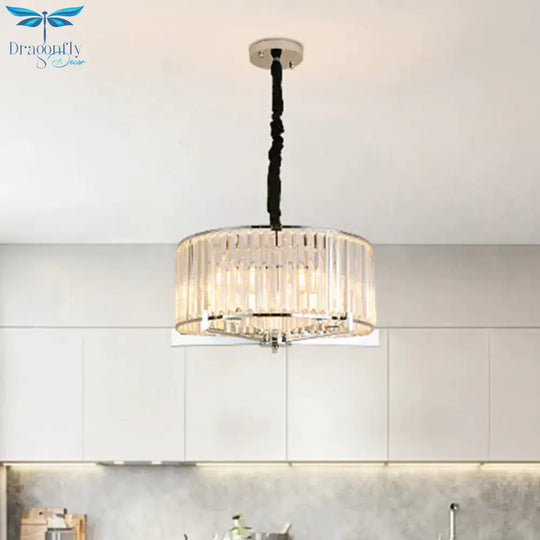 Drum Clear Crystal Block Hanging Lamp Traditional 5/6 Heads Dining Room Chandelier Lighting Fixture