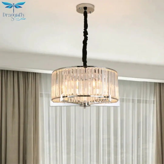 Drum Clear Crystal Block Hanging Lamp Traditional 5/6 Heads Dining Room Chandelier Lighting Fixture