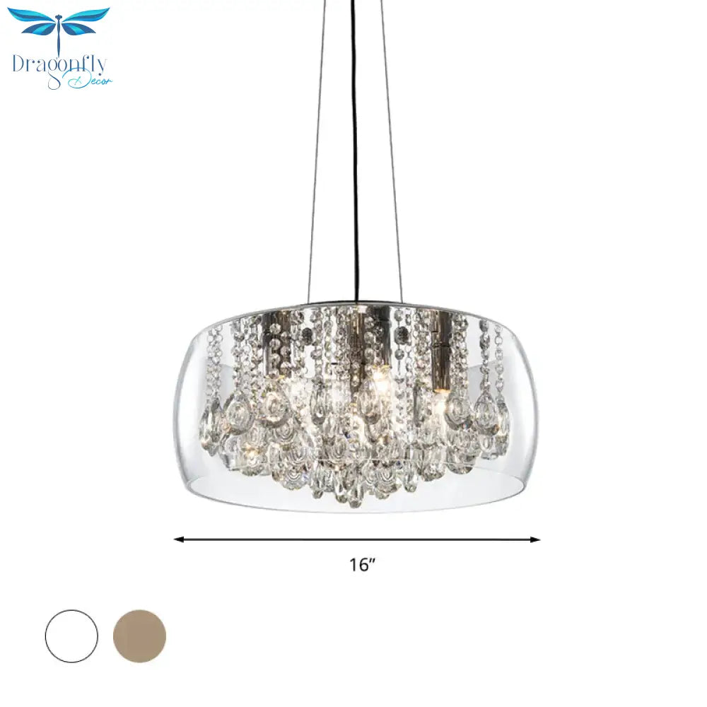 Drum Dining Room Chandelier Lighting Simple Style Crystal Drop 3 Heads Suspension Lamp With