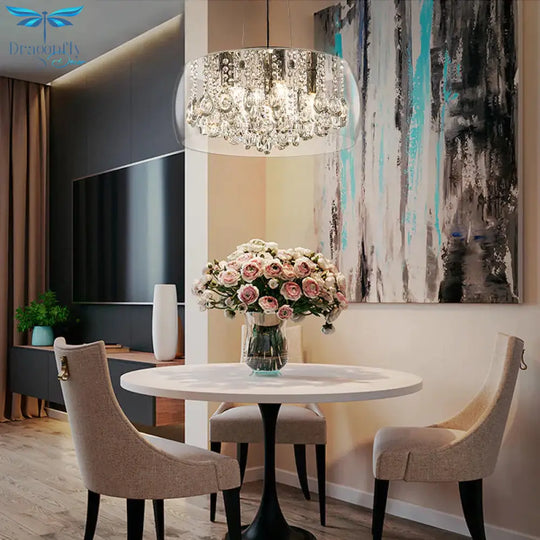 Drum Dining Room Chandelier Lighting Simple Style Crystal Drop 3 Heads Suspension Lamp With