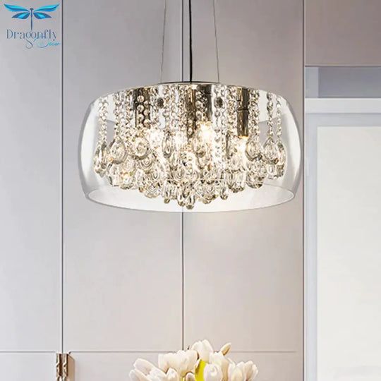 Drum Dining Room Chandelier Lighting Simple Style Crystal Drop 3 Heads Suspension Lamp With