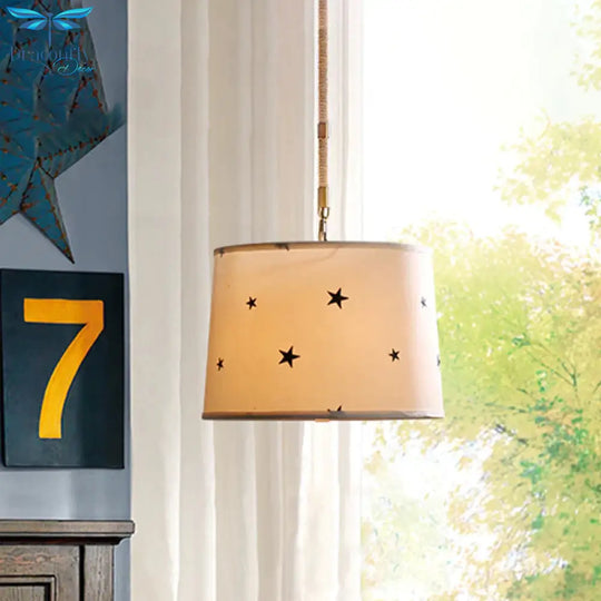 Drum Fabric Chandelier Light Fixture Kids 5 Bulbs Beige Suspension Lighting With Star Pattern For