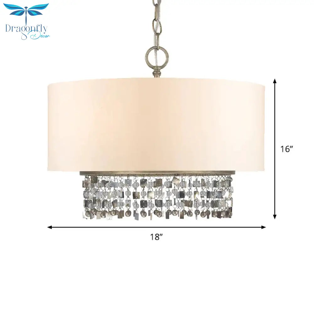 Drum Fabric Chandelier Light Traditional 5 - Bulb Living Room Hanging Lamp In White With Crystal