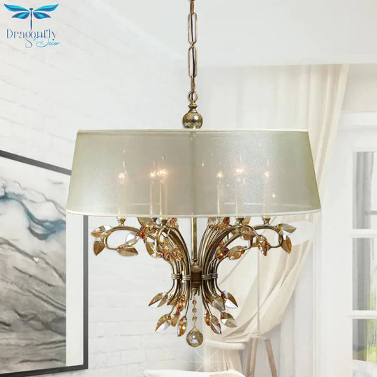 Drum Fabric Suspension Lamp Contemporary 6 Heads Living Room Chandelier Light Fixture In Brass