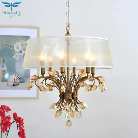 Drum Fabric Suspension Lamp Contemporary 6 Heads Living Room Chandelier Light Fixture In Brass