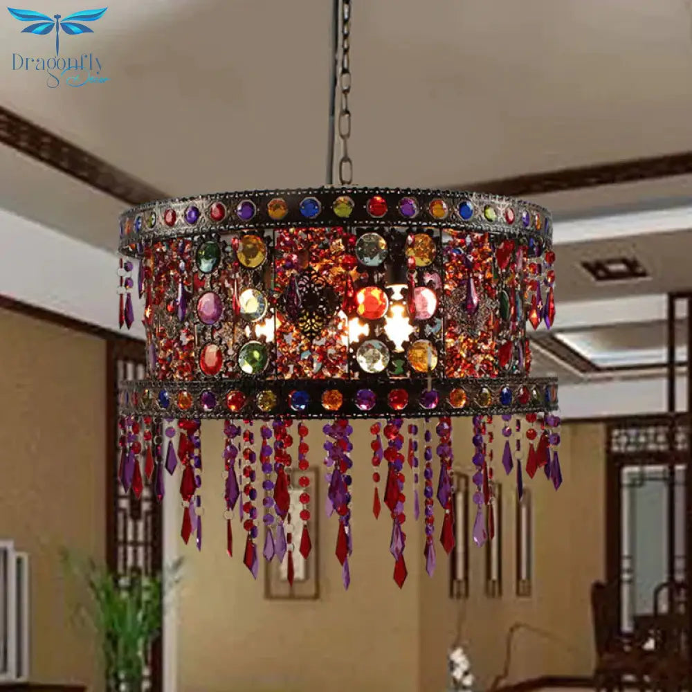 Drum Living Room Ceiling Chandelier Bohemian Metal 3 Lights Bronze Hanging Lamp Kit With Crystal