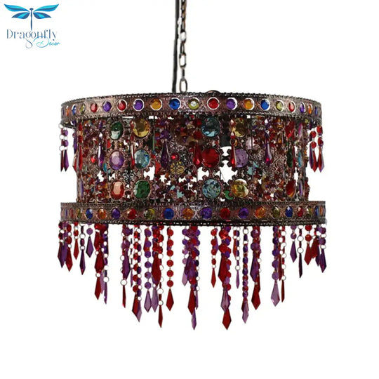 Drum Living Room Ceiling Chandelier Bohemian Metal 3 Lights Bronze Hanging Lamp Kit With Crystal