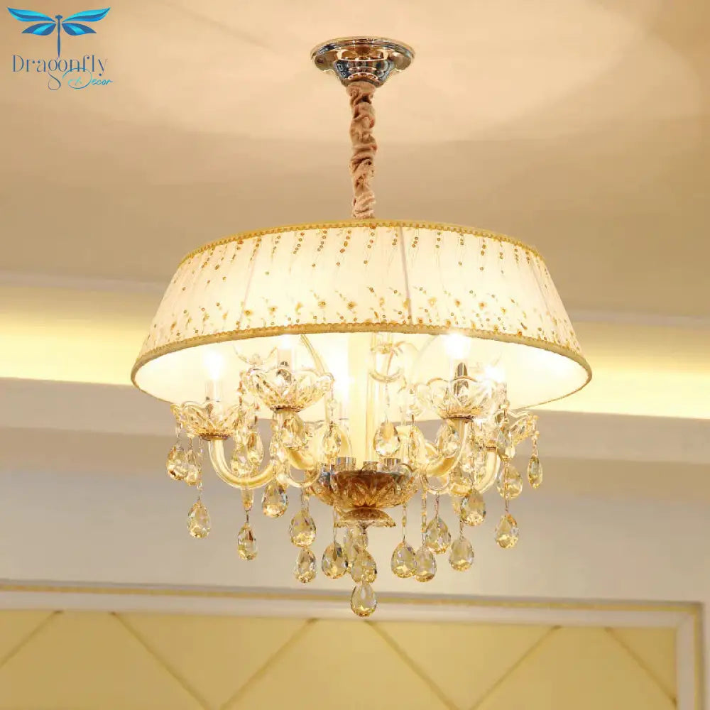 Drum Living Room Chandelier Light Contemporary Fabric 4 Heads Beige Hanging Lamp With Crystal Drop