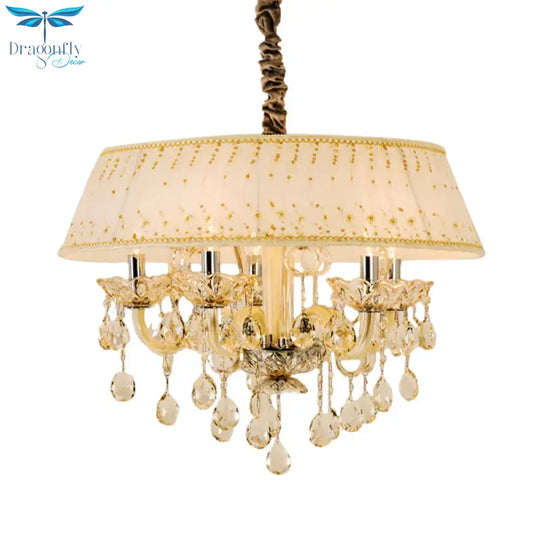 Drum Living Room Chandelier Light Contemporary Fabric 4 Heads Beige Hanging Lamp With Crystal Drop