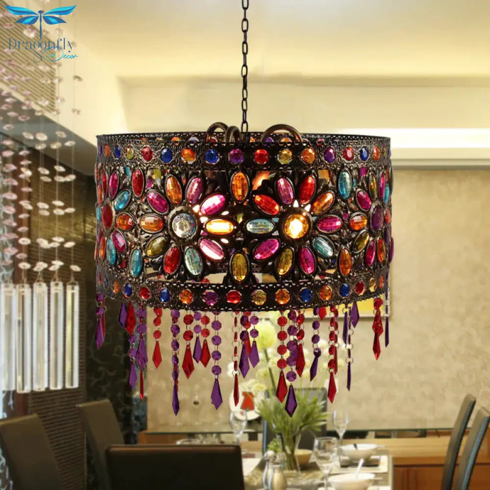 Drum Restaurant Chandelier Lighting Art Deco Metal 3 Bulbs White/Black Pendant Light Fixture With