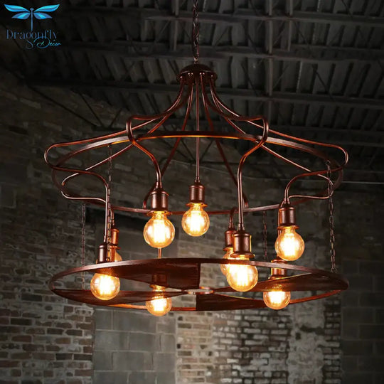 Drum Restaurant Pendant Light Metal Nine Lights Antique Stylish Chandelier In Rust Bronze
