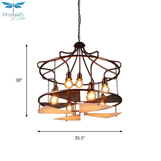 Drum Restaurant Pendant Light Metal Nine Lights Antique Stylish Chandelier In Rust