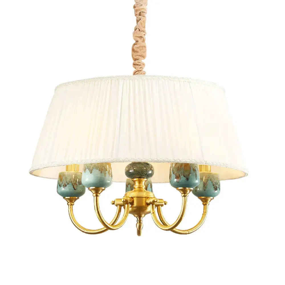 Drum Shade Fabric Hanging Lamp Rural Style 5 Lights Dining Room Chandelier Pendant Light In White