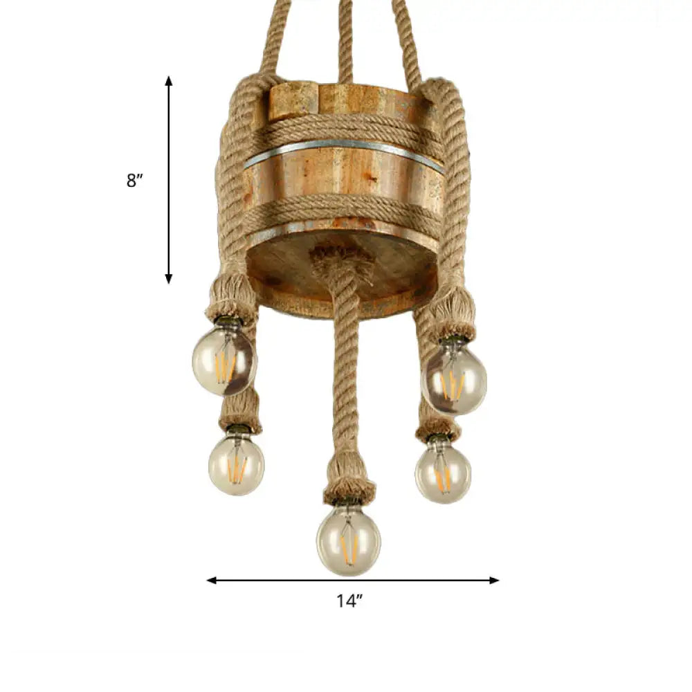 Drum Shape Chandeliers Five - Light Retro Style Wood Hanging Lights In Beige Color For Agritainment