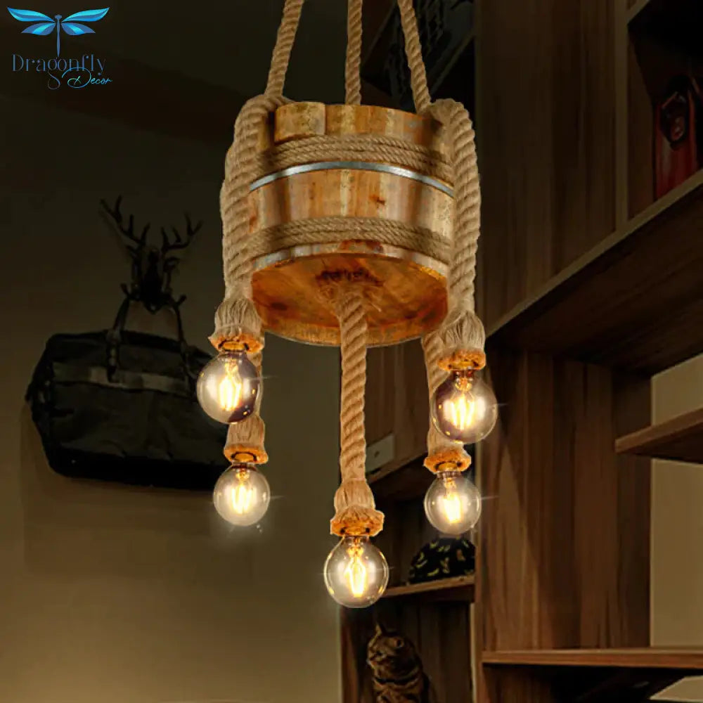 Drum Shape Chandeliers Five - Light Retro Style Wood Hanging Lights In Beige Color For Agritainment
