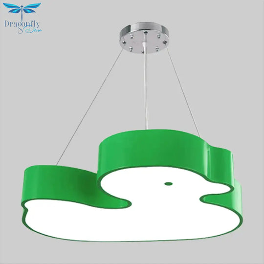 Duck Chandelier Pendant Light Cartoon Acrylic Led Bedroom Hanging Lamp Kit In Green/Red/Yellow