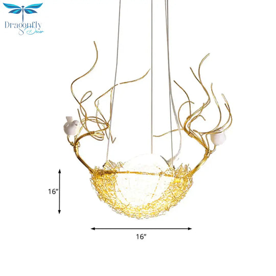 Egg Shaped Hanging Ceiling Pendant Art Deco Milk White Glass 1 Light Gold Chandelier With Birds And
