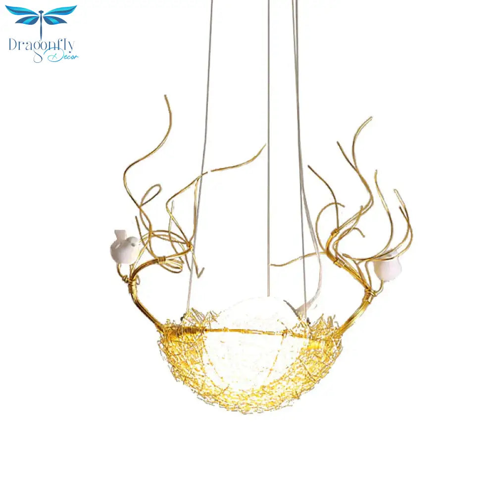 Egg Shaped Hanging Ceiling Pendant Art Deco Milk White Glass 1 Light Gold Chandelier With Birds And
