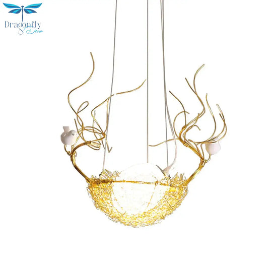 Egg Shaped Hanging Ceiling Pendant Art Deco Milk White Glass 1 Light Gold Chandelier With Birds And