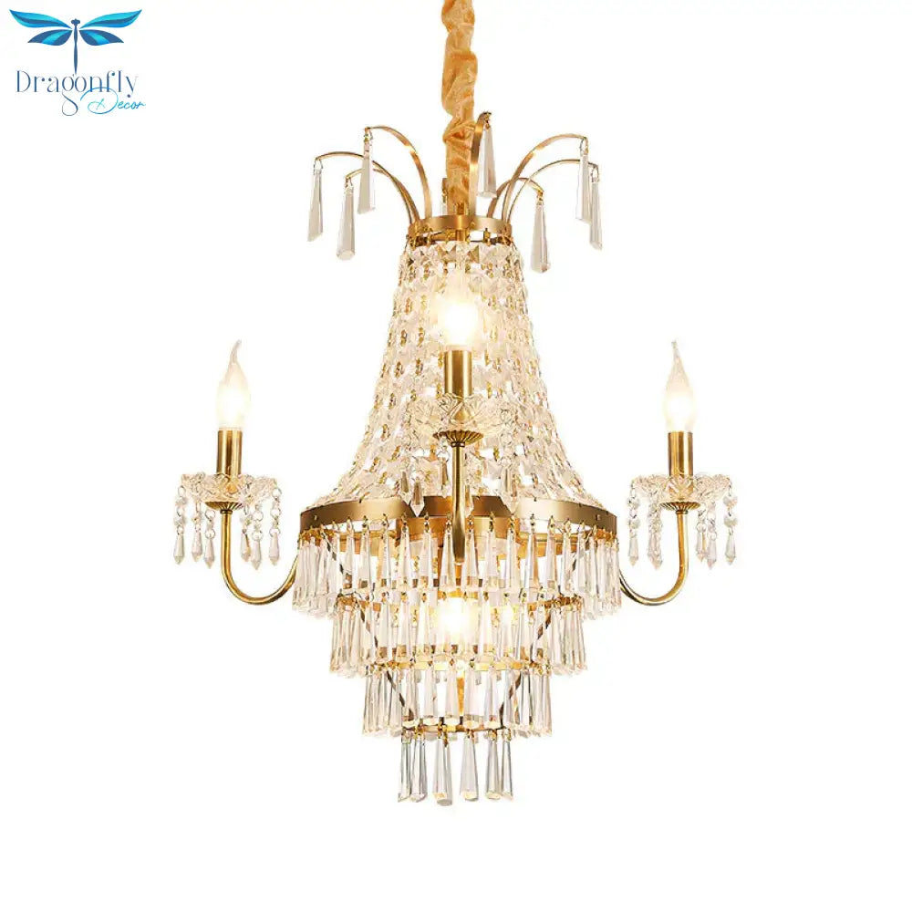 Empire Chandelier Light Fixture With Candle Luxury Crystal 4 Heads Pendant In Brass Finish