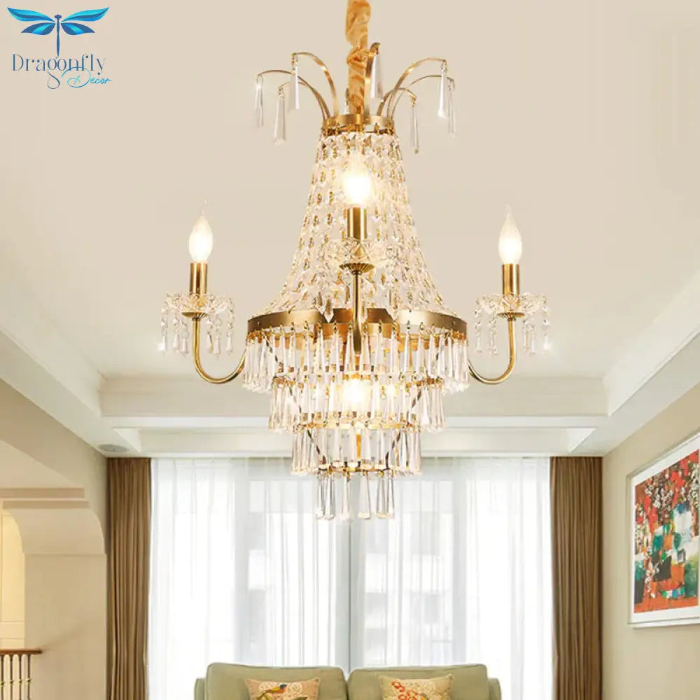 Empire Chandelier Light Fixture With Candle Luxury Crystal 4 Heads Pendant In Brass Finish